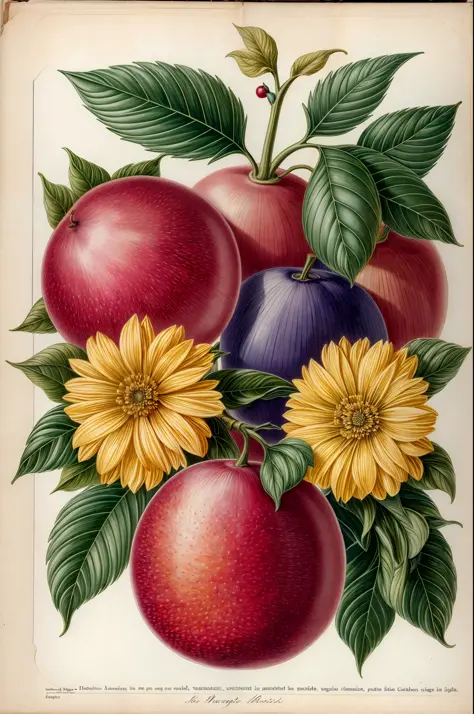 (best quality:1.2), (detailed:1.2), (masterpiece:1.2), vintage botanical illustrations of impossible magic fruit (1770 1775) in...