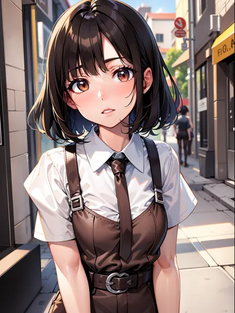 Black hair short, short brown clothes with white collar sleeves, brown shorts, white waist belt, color pantyhose, girl, outdoor