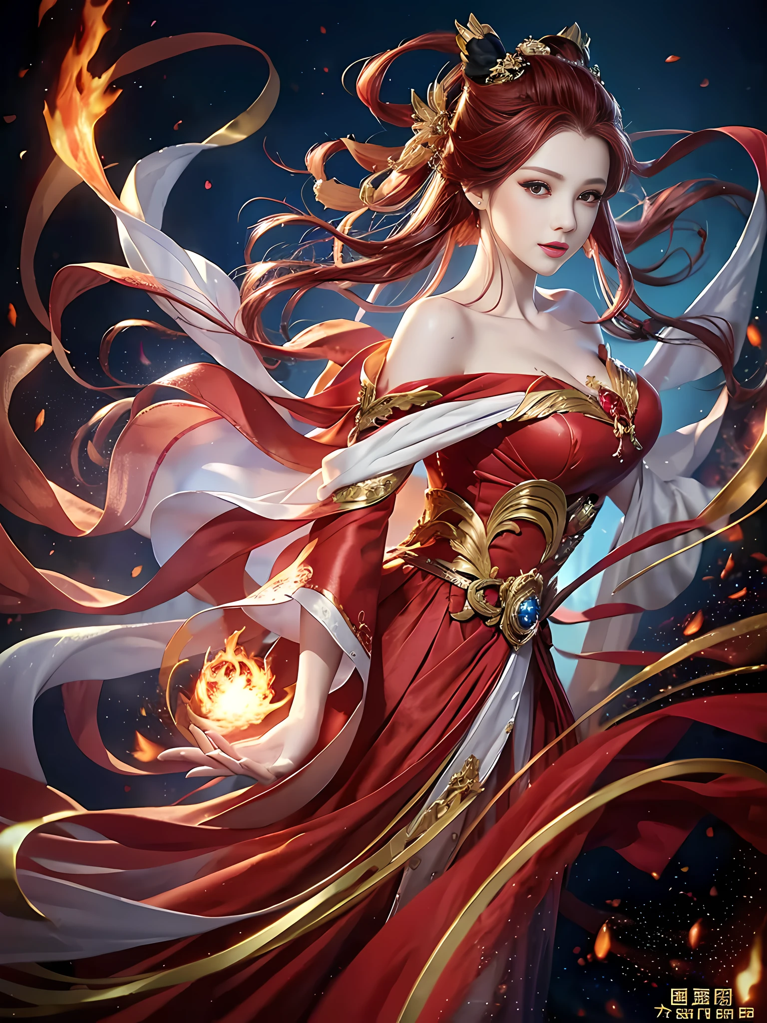 Masterpiece, top quality, best, official art, beautiful and aesthetic, long exposure: 1.2), smooth movement, charming pattern, 1 girl, (long skirt with sleeves: 1.3), ((red hair, red clothes, red eyes))), close-up of upper body, no shoulders, Chinese girl, blush, black lob hair, portrait, solo, close-up, gaze observer, detailed background, detailed face, (crystallineAI, crystalline theme:1.1), Elemental Fire Spirit, Spin Flame, Control Flame, Red Clothes, Dynamic Pose, Floating Particles, Ethereal Power, Flame, Vapor, ((Ring of Fire in the background)), Ethereal Atmosphere --Naji5 --AR4:3 --S750 --Q2 --v6