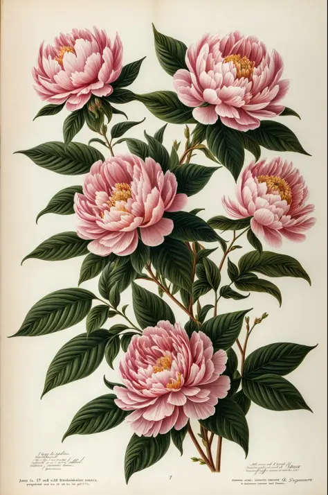 (best quality:1.2), (detailed:1.2), (masterpiece:1.2), vintage botanical illustrations of peonies (1770 1775) in high resolutio...