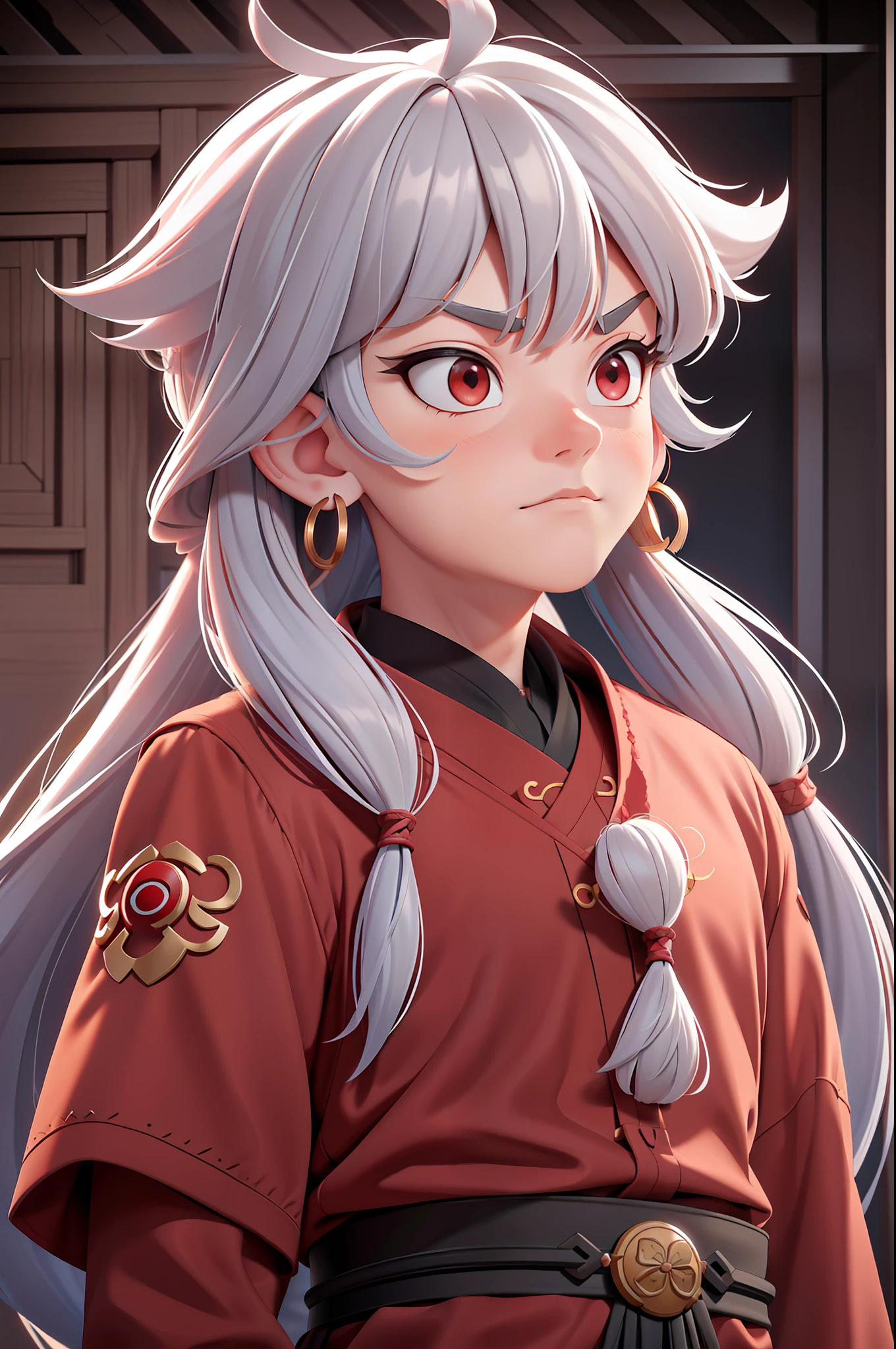 Pixar, a boy, mature, strong, long silver hair, floating hair, asymmetrical bangs, wearing red fringed earrings, red eyes, cold, wearing black ancient Chinese style clothing, masterpiece, 4k, Shura