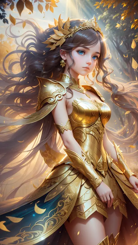award winning concept art of (1girl:1.2) in golden shiny ornate armor, outdoors, god rays, centered, (masterpiece:1.2), (best quality:1.2), Amazing, highly detailed, beautiful, finely detail, warm soft color grading, Depth of field, extremely detailed 8k, ...