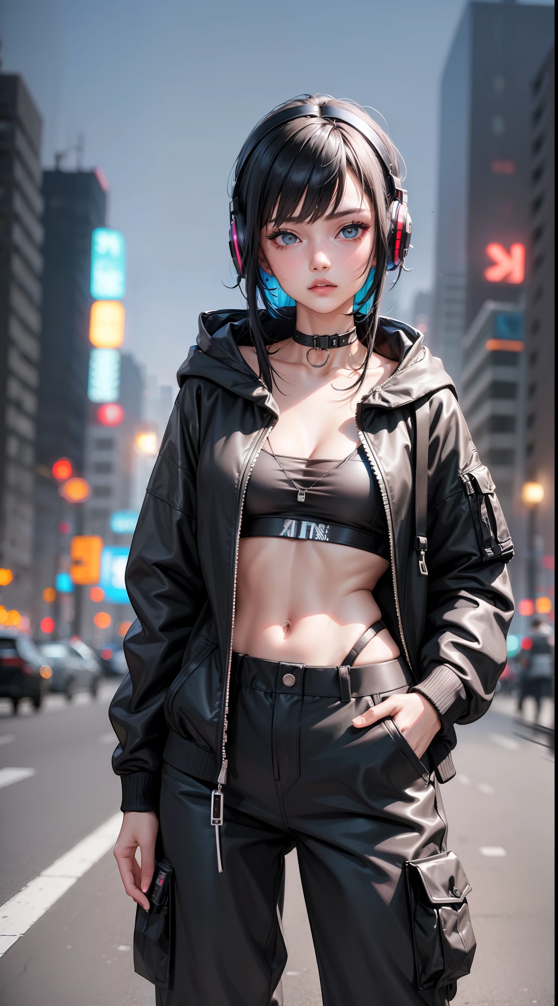 A beautiful cyberpunk women ,  wearing oversize black hoodie, wearing a blue cargo pant , wearing headphone,  holding a gun ,  standing in the middle of the street,  night, cyberpunk city background,  neon colour, perfect shadow, perfect lighting,  (masterpiece), (best quality), (ultra detailed),(disheveled hair),(illustration), (1girl),best lighting