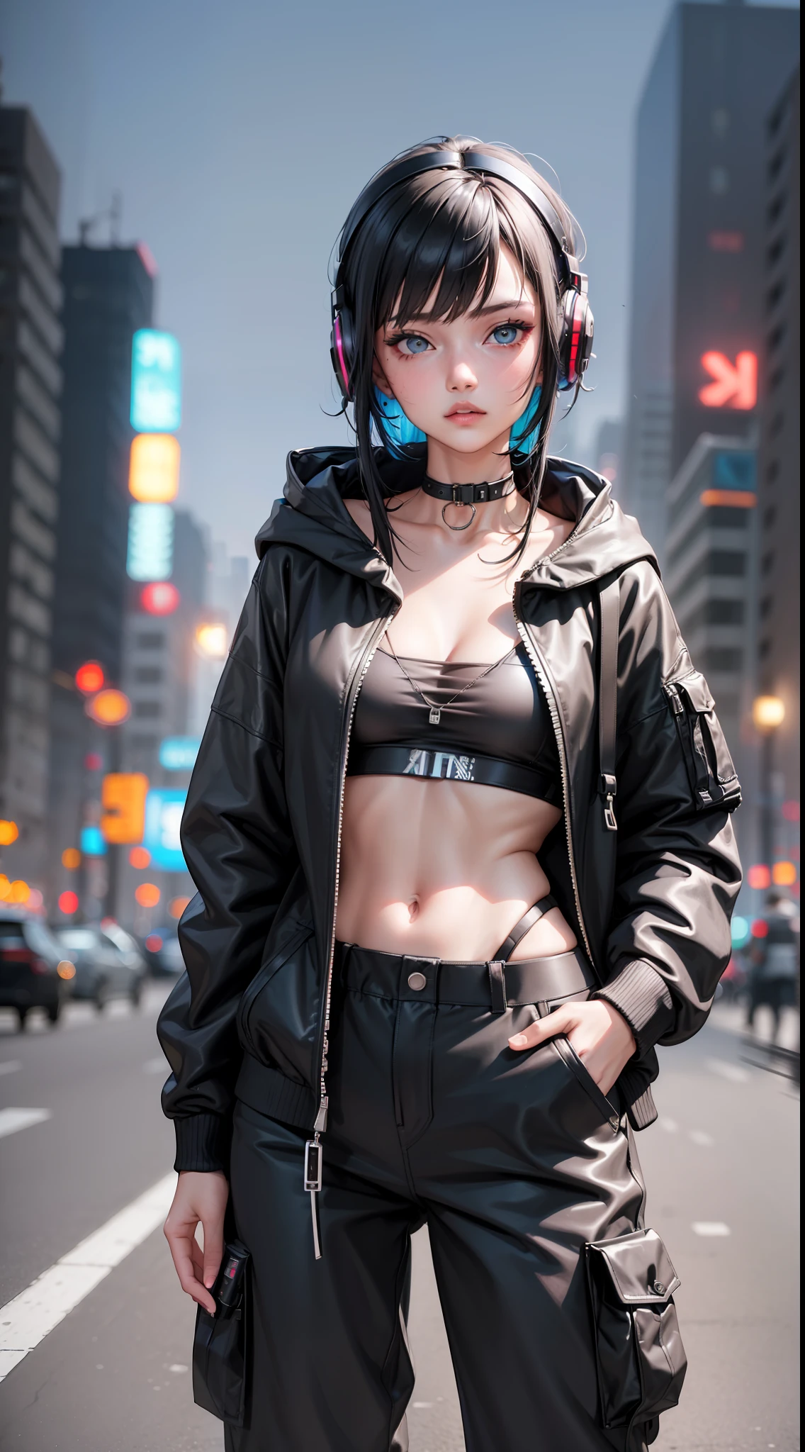 Uma linda mulher cyberpunk ,  vestindo moletom preto grande, vestindo uma calça cargo azul , usando fone de ouvido,  segurando uma arma ,  parado no meio da rua,  noite, fundo da cidade cyberpunk,  Cor neon, sombra perfeita, iluminação perfeita,  (Obra de arte), (melhor qualidade), (ultra detalhado),(cabelo desgrenhado),(ilustração), (1 garota),melhor iluminação