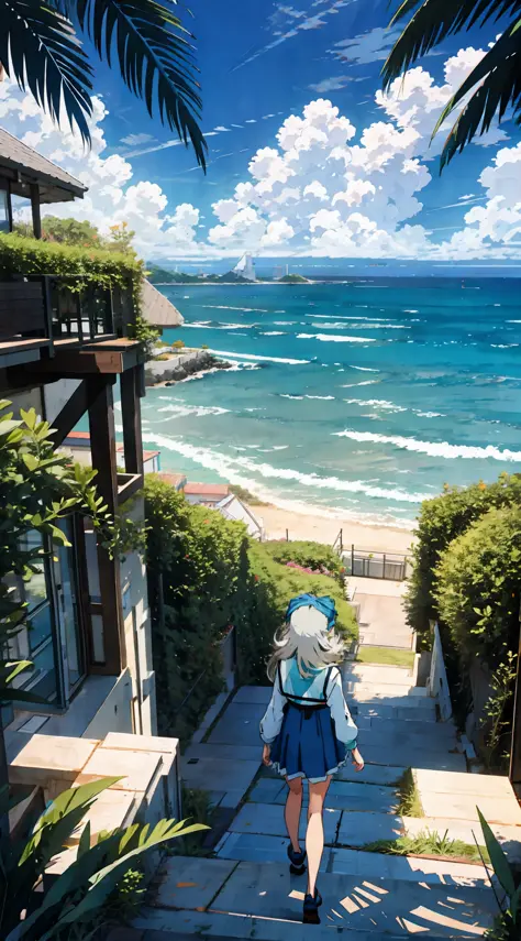 anime girl walking down a path towards the ocean, overlooking the beach, overlooking the ocean, beautiful anime scene, beautiful...