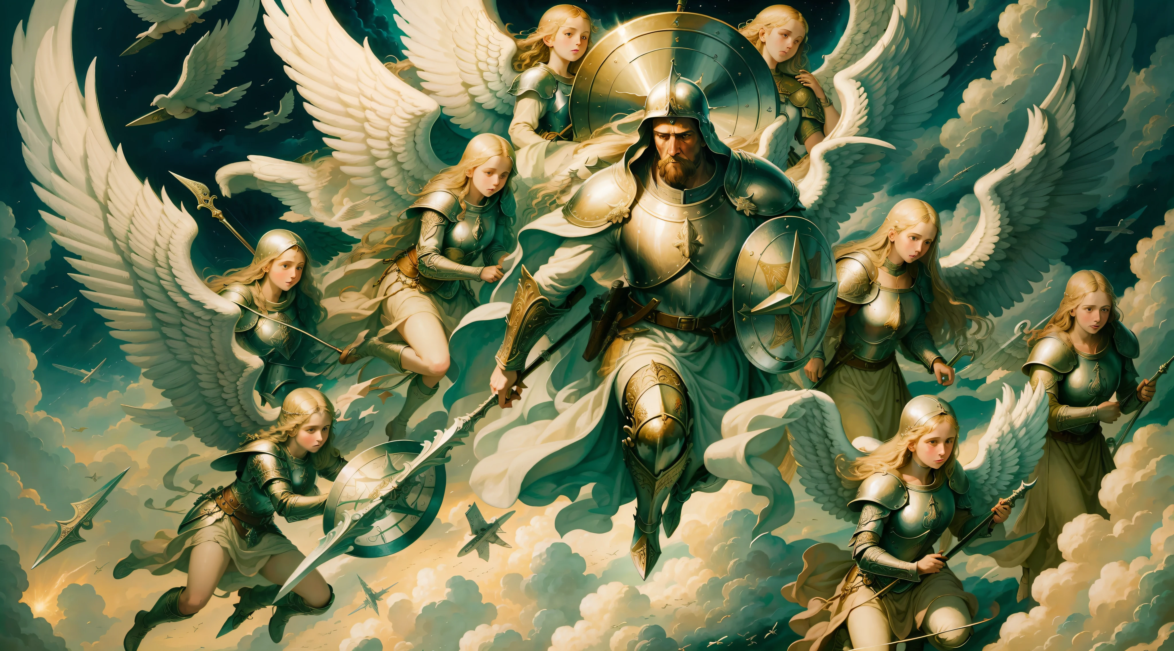 Fantastic realism Masterpiece, thousands of heavenly angels flying in the heavens, humble medieval people down looking on, angels of war, with stern expression carrying shield and spear --auto --s2