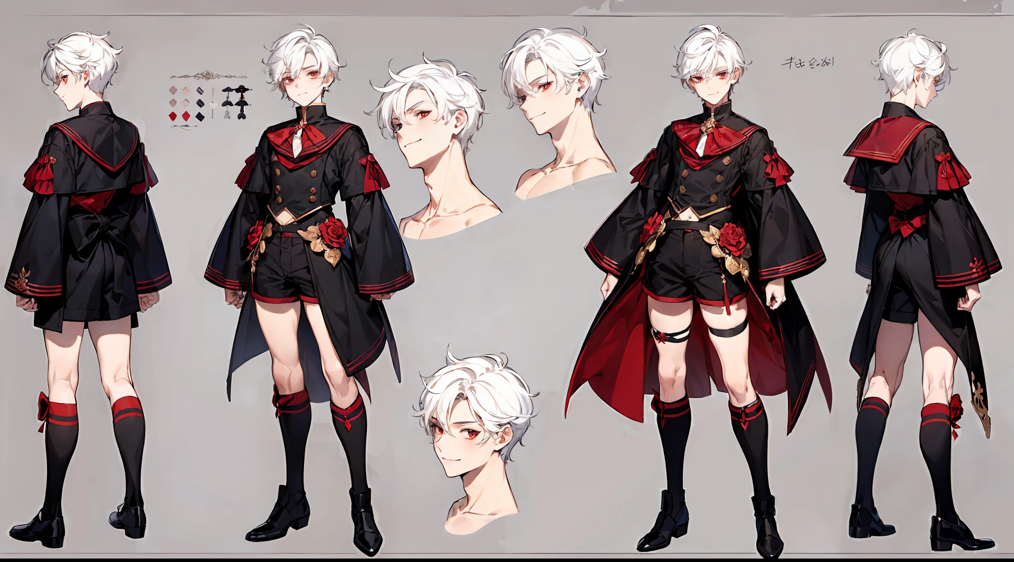 ((masterpiece)),(((best quality))),(character design sheet,same character,front,side,back), Reference sheet of a cute boy, short white hair, red eyes, smiling, black sailor outfit with short shorts, red rose as accessory, detailed face, detailed hair, (simple background, white background: 1.3)