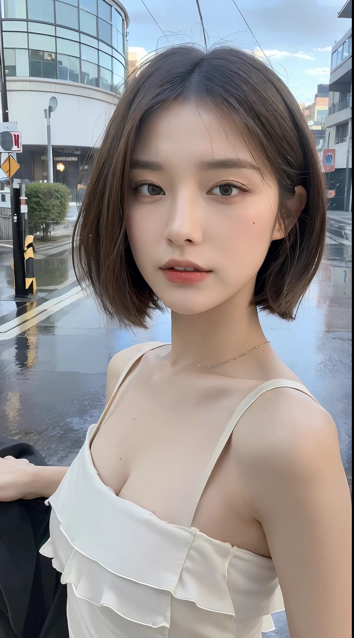 ((Best Quality, 8K, Masterpiece:1.3)), Focus:1.2, Perfect Body Beauty:1.4, Buttocks:1.2, (Layered Haircut:1.2)), (Rain, Street:1.3), Bandeau Dress:1.1, Highly Detailed Face and Skin Texture, Delicate Eyes, Double Eyelids, Whitened Skin, medium short Hair, (Round Face: 1.5)