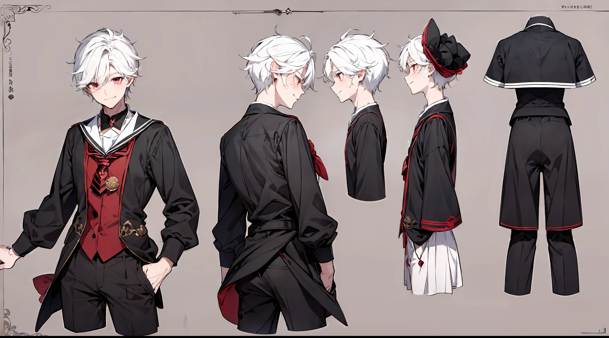((masterpiece)),(((best quality))),(character design sheet,same character,front,side,back), Reference sheet of a cute boy, short white hair, red eyes, smiling, black sailor outfit with short shorts, red rose as accessory, detailed face, detailed hair, (simple background, white background: 1.3)