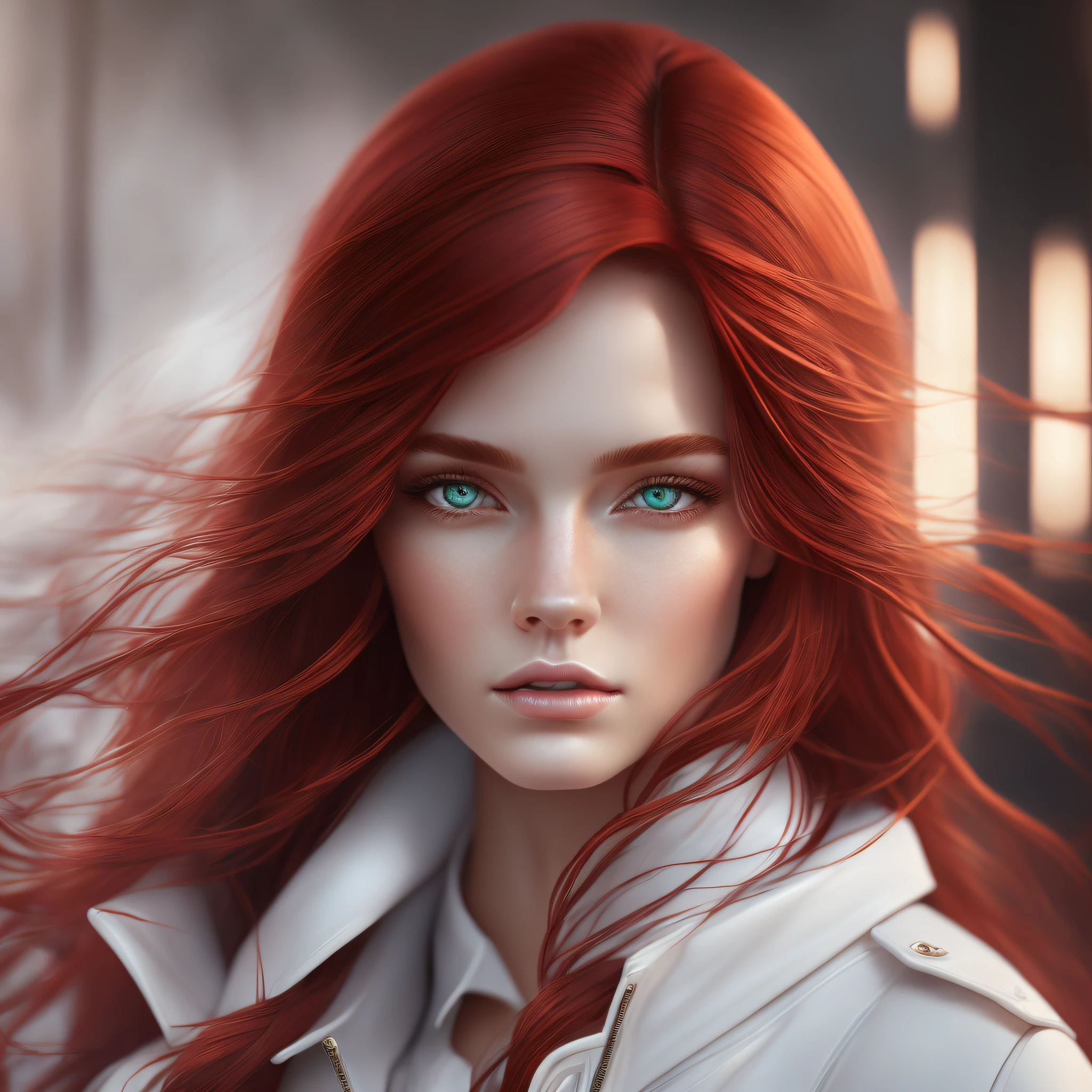 (Detailed Lights, Detailed Shadows), 1Woman, Red Hair, White Coat, ((Detailed Eyes)), Close-up, Portrait, (Black Eyes), Extremely Detailed Clothes, ((Modern Clothes)), Beautiful Hair, Muscular, Hair Down, Extremely Detailed Background, Beautiful Background --auto --s2