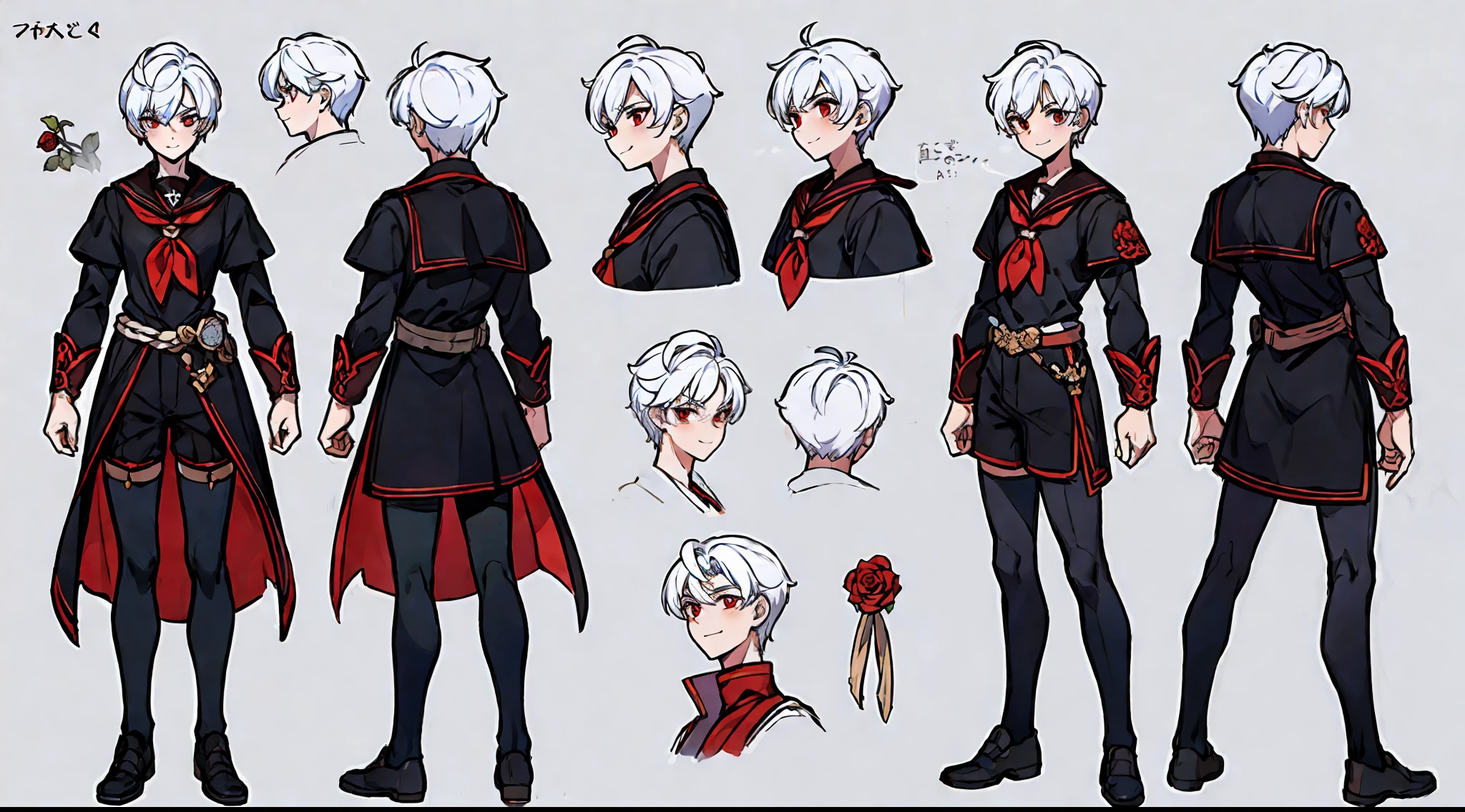 ((masterpiece)),(((best quality))),(character design sheet,same character,front,side,back), 1boy, solo, short white hair, red eyes, masterpiece, best quality, looking at around, full body, 150cm tall, detailed, smiling, black sailor outfit with short shorts, red rose as accessory, charturnbetalora, concept art, character concept art, character sketch, reference sheet, character sheet, (simple background, white background: 1.3)