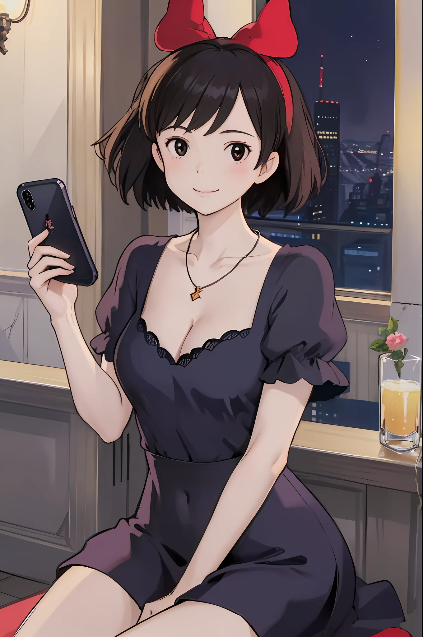 (masterpiece, top quality; 1.3), super detailed, 1 girl, solo, smile, kiki, night, cleavage, sexy clothes, cabaret club, semi-long hair, alcohol, necklace, smartphone