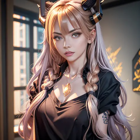 Adult female, long hair, shirt, golden eyes, vertical pupils, magic, tattoos, dragon horns, epic reality, necklace, (CG Unity 8K...