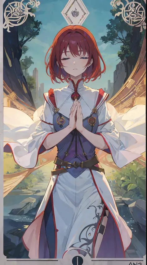 1Girl, purplish short red hair, sharp blue eyes, closed eyes, hands closed as if praying, wears the clothes of a Saintess, make ...