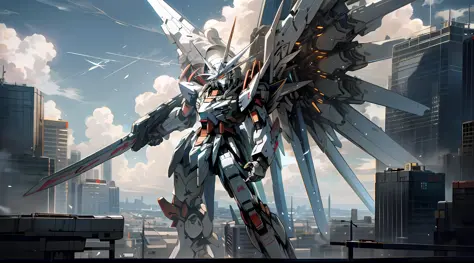 sky, cloud, holding_weapon, no_humans, glowing, building, glowing_eyes, gundam mecha with wings , science_fiction, city, realistic, high detail,