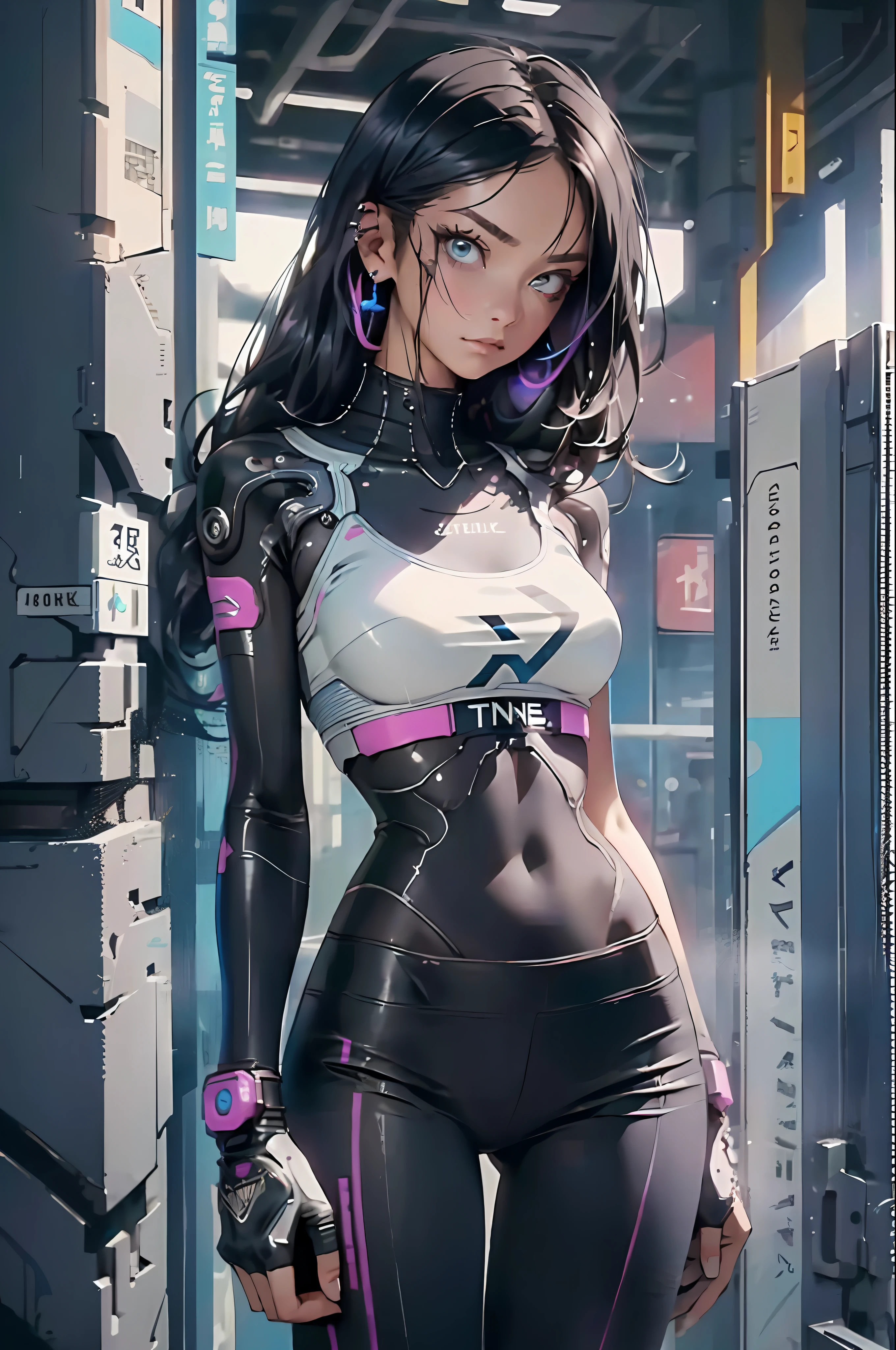 (cyberpunk:1.3) , Femme élégante regardant la caméra, Pantalon noir, T-shirt noir, éclairage mélancolique, calme, calme, luminosité, chef-d&#39;œuvre, meilleure qualité, 1fille, (Jinxol:1.2), (ultra photoréaliste:1.3), (chef-d&#39;œuvre:1.4), meilleure qualité, ((réaliste)), haute qualité, ultra détaillé, ((image réelle)), ((réaliste skin)), ((réaliste face)),(illustration:1.05), (Beau:1.05), (Beau detailed eyes:1.05), (lumière cinématographique:1.1), bleu sur les détachements,  corps entier parfait, silhouette élancée, Mince, petits seins, cuisses épaisses, vêtements noirs et bleus, des baskettes blanches