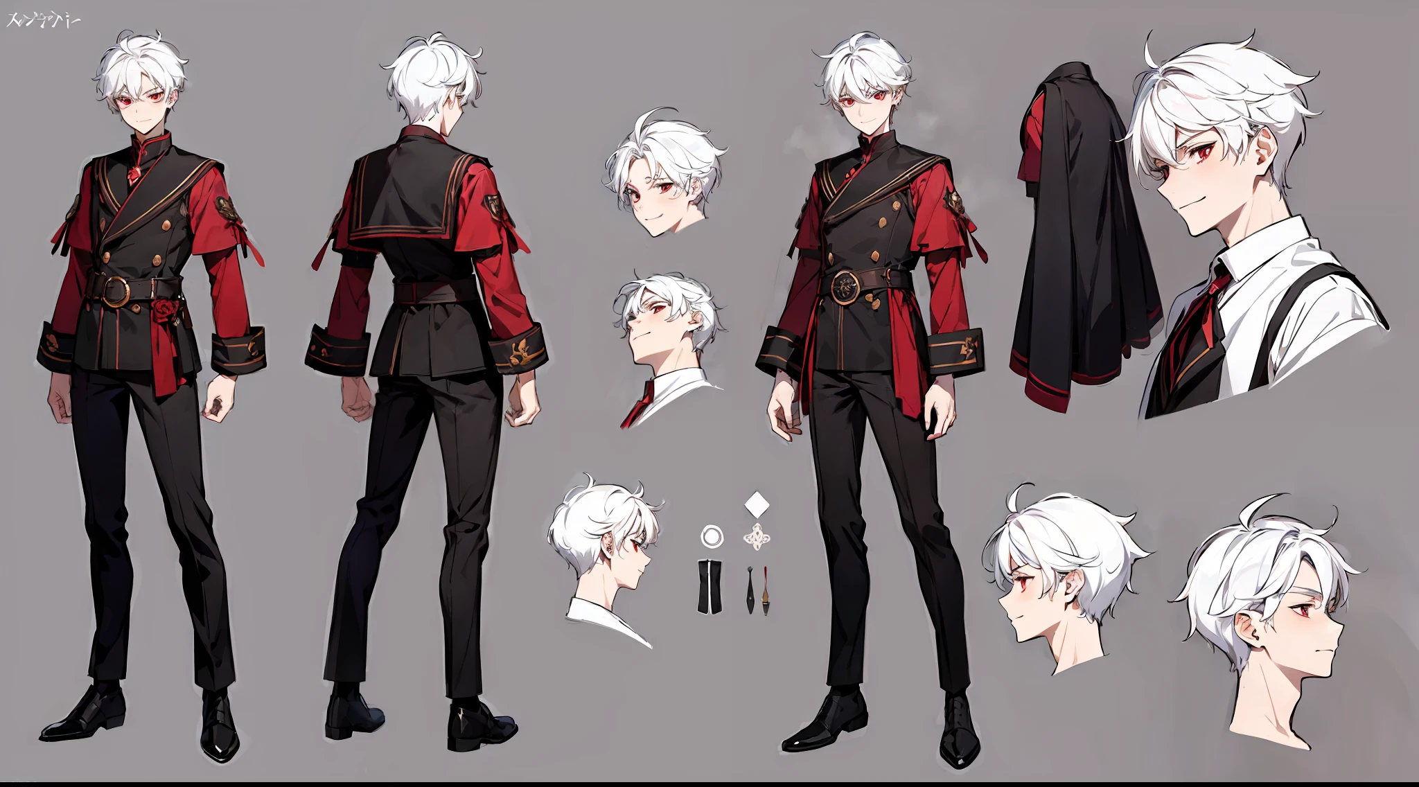 ((masterpiece)),(((best quality))),(character design sheet,same character,front,side,back), 1boy, solo, short white hair, red eyes, masterpiece, best quality, looking at around, full body, small, cute, 150cm tall, detailed, smiling, black sailor outfit with short shorts, red rose as accessory, charturnbetalora, concept art, character concept art, character sketch, reference sheet, character sheet, (simple background, white background: 1.3)