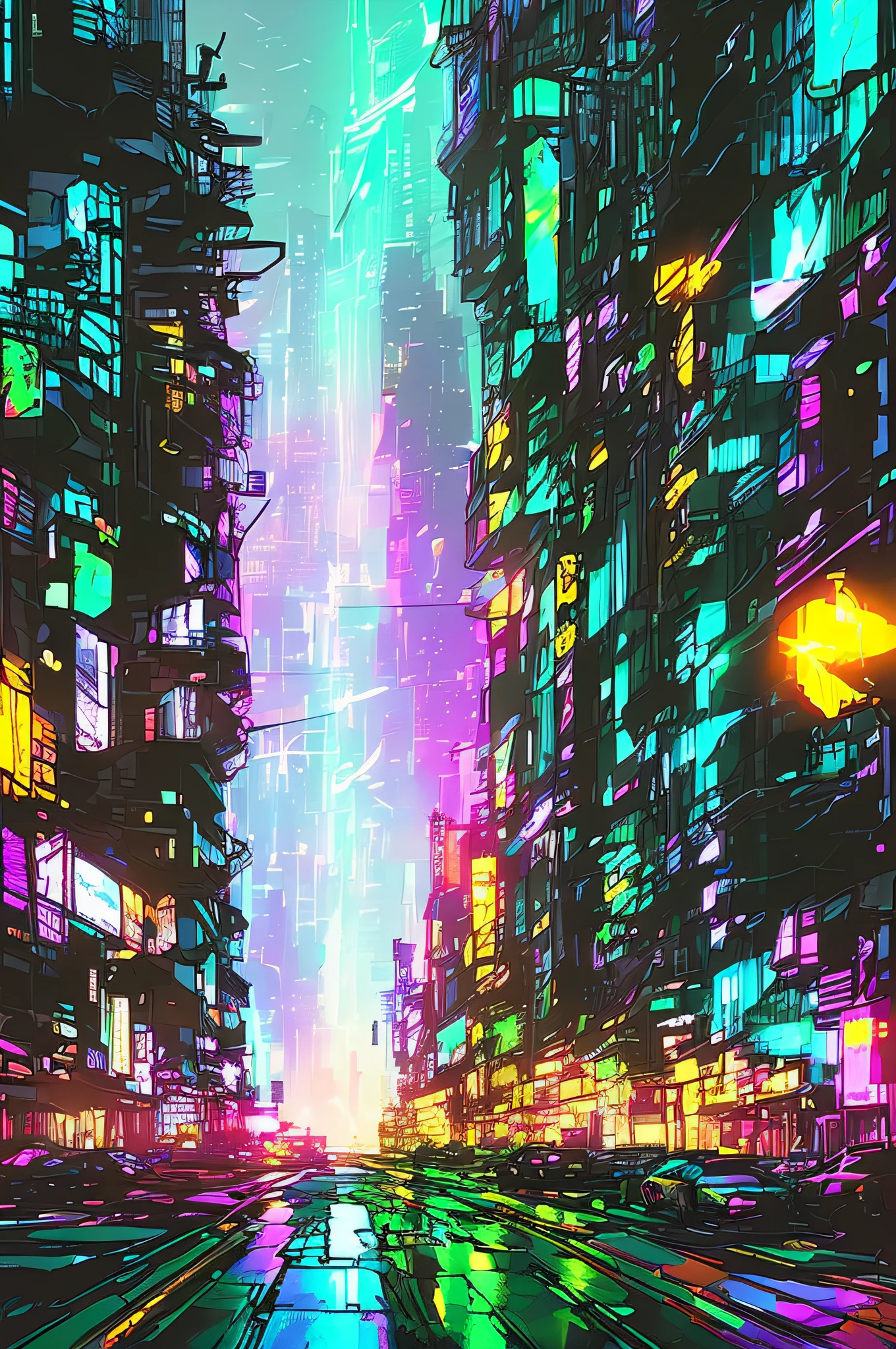 (samdoesarts:1.3), nvinkpunk, realistic cyberpunk landscape, nova, lens flare, northern lights, cityscape, painting, thick line