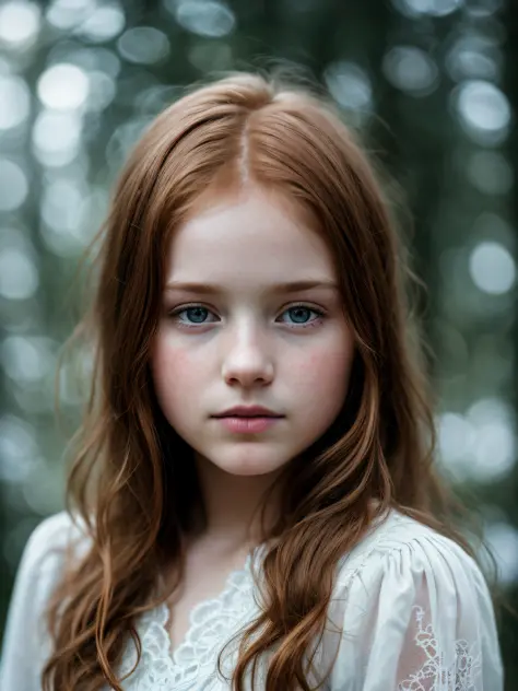 closeup of a european child, ginger hair, winter forest, natural skin texture, 24mm, 4k textures, soft cinematic light, RAW phot...