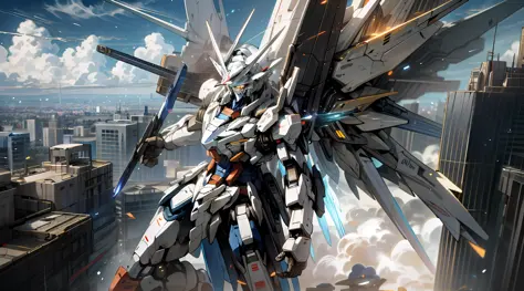 sky, cloud, holding_weapon, no_humans, glowing, building, glowing_eyes, gundam mecha with wings , science_fiction, city, realistic, high detail,