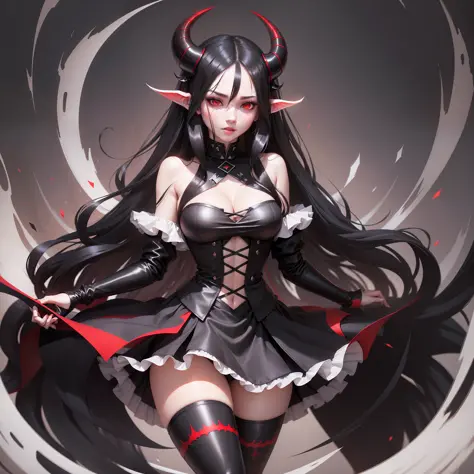 - Long black hair.
- Intense red eyes.
- Pale and radiant skin.
- Demon horns bent backwards.
- Wears a tight white bodice.
- Black skirt up to the thighs.
- Black gloves.
- Black knee-high boots.