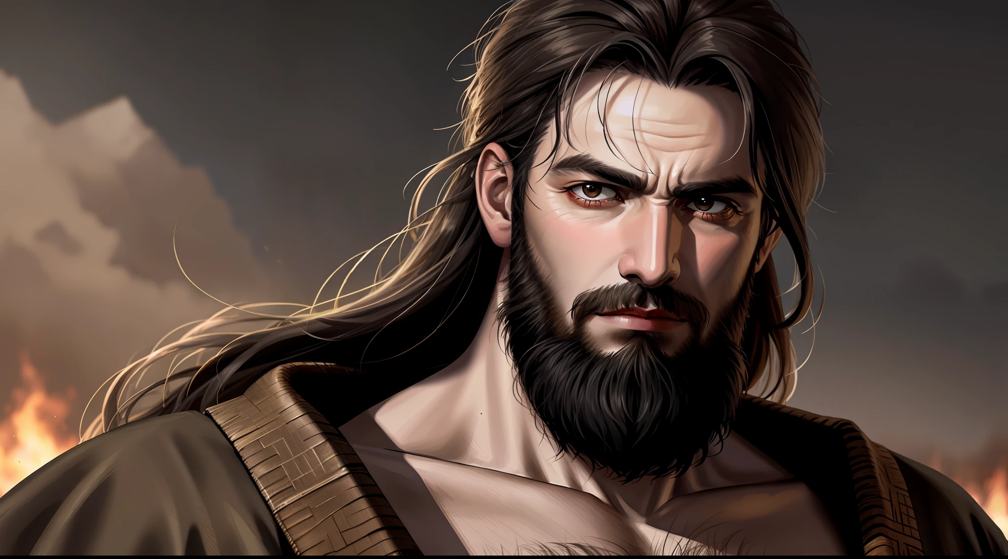 Realistische und hochwertige epische Kunst des Gesichts eines rauen Mannes mit einem dünnen Bart in biblischen Zeiten gebürstet