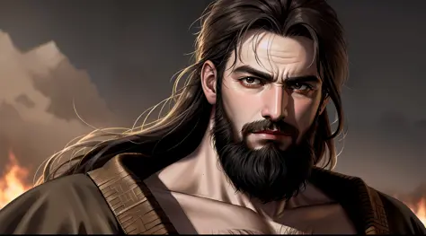 Realistic and high-quality epic art of the face of a rough man with a thin beard brushed in biblical times