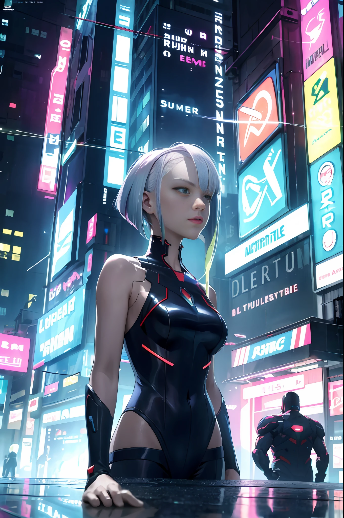 absurdres, highres, reflection,ultra detailed,  refraction:1.4, ultra detailed:1.4, (photorealistic:1.4, ultra high res, RAW photo), BREAK (cyberpunk:1.3), Android, robot_girl, silver hair, beautiful face with cool expression, In the dark decaying ruins, (super wide angle:1.4), shot from below BREAK ((neon lighting, vibrant glow, dynamic colors, striking contrast, futuristic vibe, electric energy, reflective surfaces))