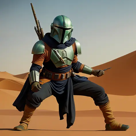Your eyes may not be prepared to witness the grandeur and skill of the Mandalorian Jinjare, in battle position in the desert of Tatooine at dusk. Dressed in the galaxy's most coveted armor, the Beskar, he glows in ultra-realistic 4k detail. His right hand ...