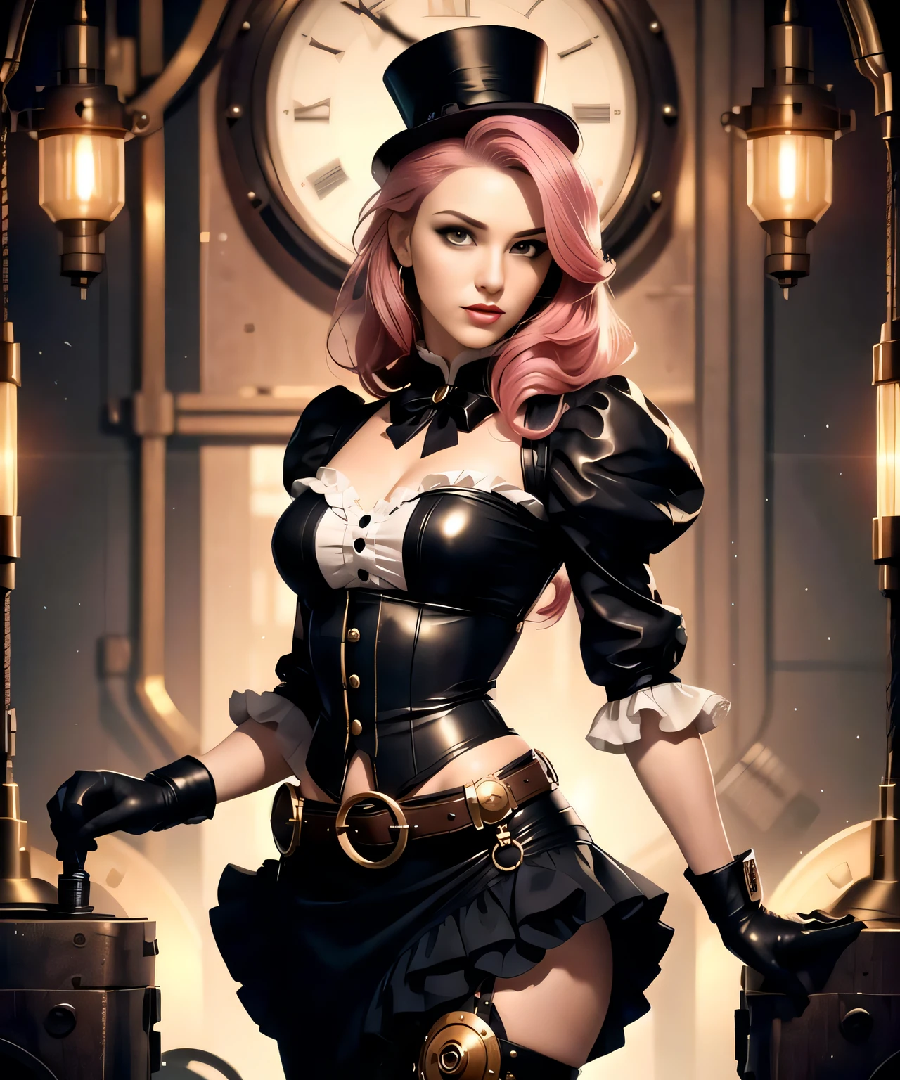 woman in her 20s, (perfect face), defined jawline, beautiful lips, (beautiful bright yellow eyes), beautiful lips, (long bouncy pink hair), (sexy), (black intricate Victorian steampunk engineer outfit), puffy sleeves, (tall top hat), leather gloves, pants, (short black ruffled skirt), gold accents, (perfect hands), looking at viewer, (medium full shot photograph), (steampunk lab background), photorealistic