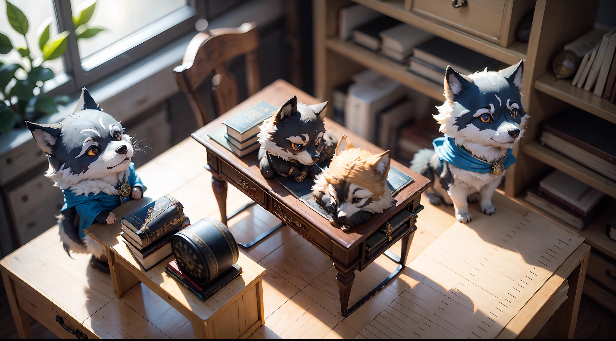 A group of 5cm long pocket wolves on desk, book, ruler, look at me, super fine, 16k resolution, master work, overhead lens, dynamic viewing angle