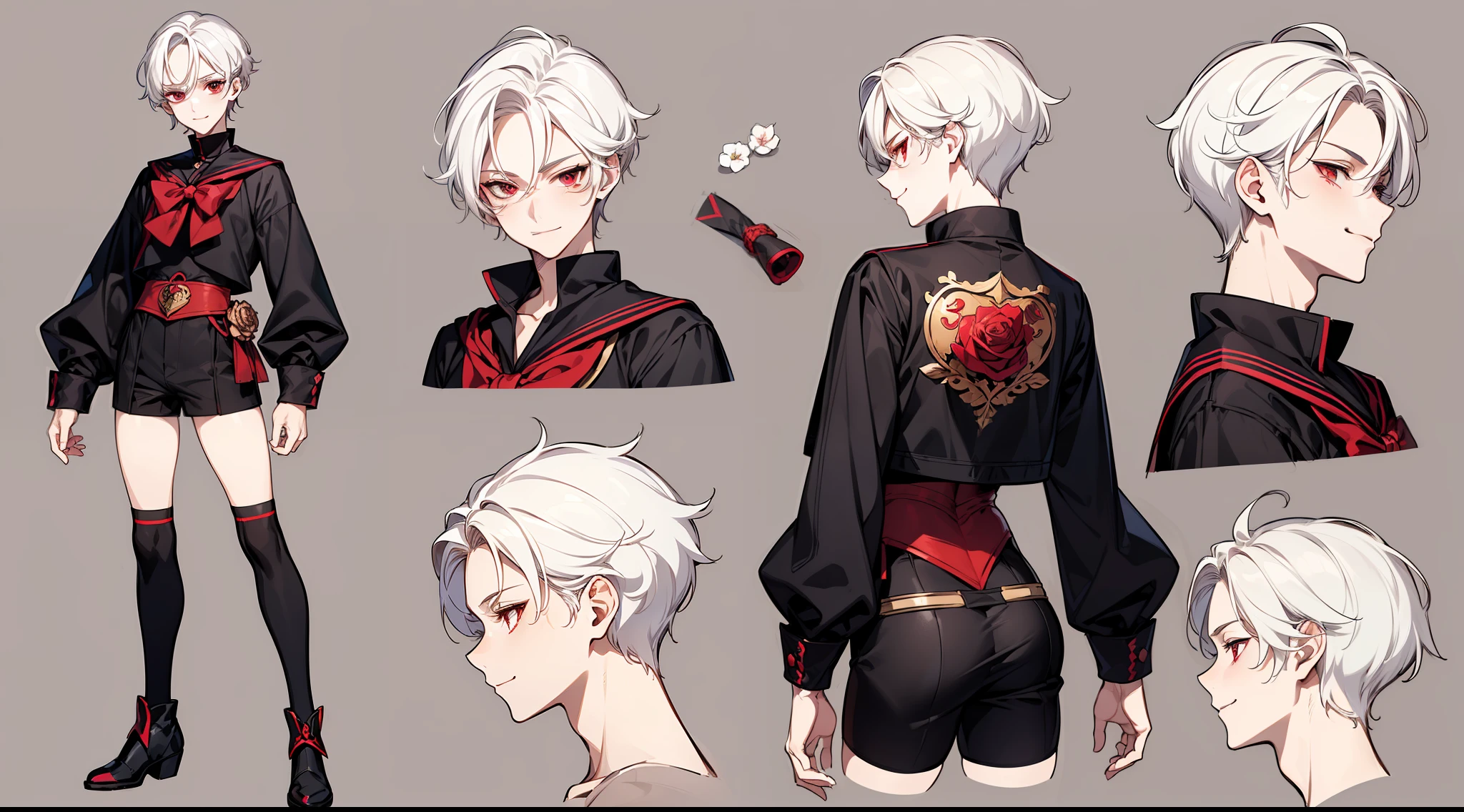 ((masterpiece)),(((best quality))),(character design sheet,same character,front,side,back), Reference sheet of a cute boy, short white hair, red eyes, smiling, black sailor outfit with short shorts, red rose as accessory, detailed face, detailed hair, (simple background, white background: 1.3)