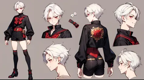 ((masterpiece)),(((best quality))),(character design sheet,same character,front,side,back), Reference sheet of a cute boy, short...