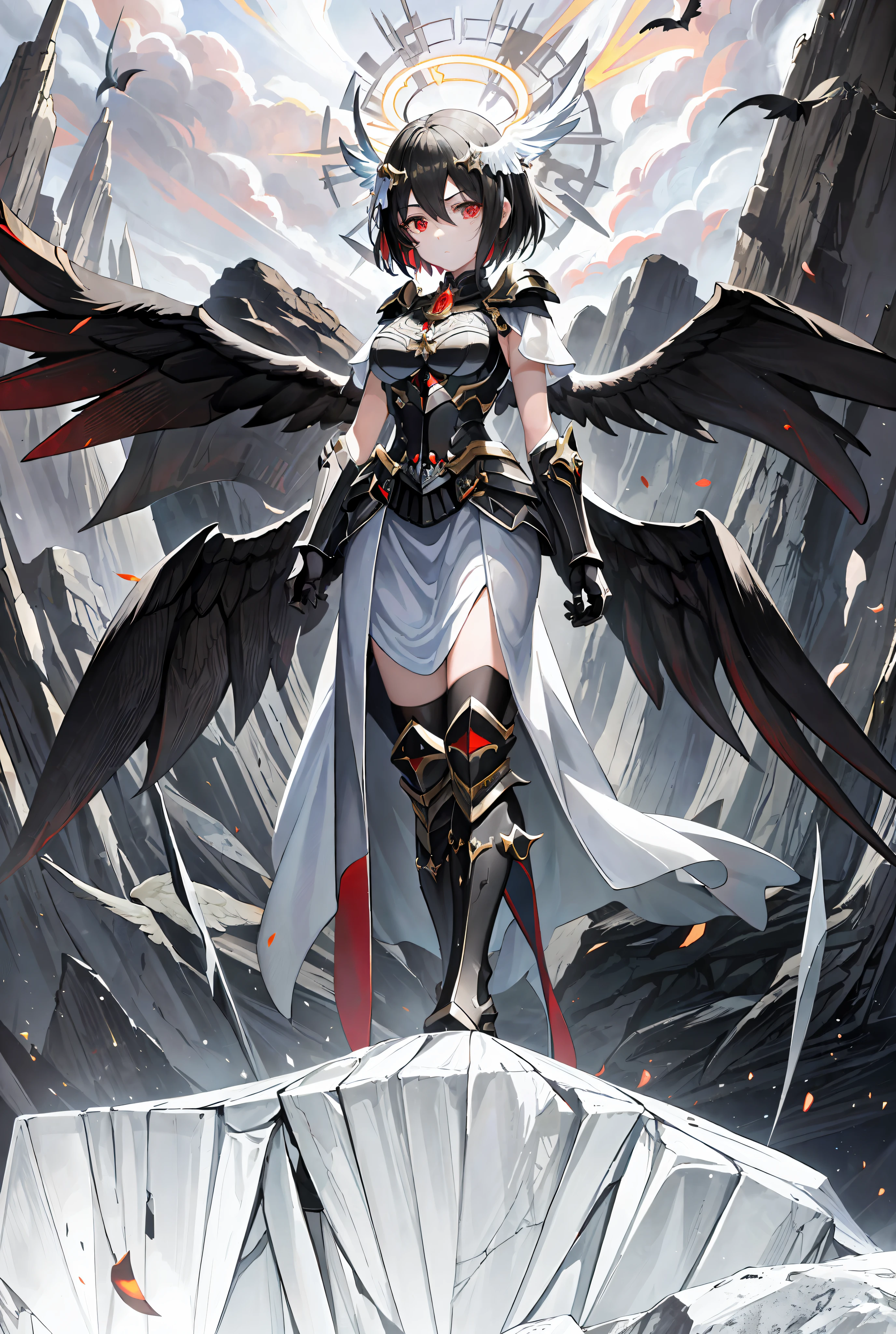 (Best Quality, Masterpiece: 1.2, Ultra Detailed, Official Art), 1 Girl, Anime Character Standing on a Cave Rock with Angel Wings, Anime Overlord's Albedo, Angel of Death, Pin Anime, As a Mysterious Valkyrie, Majestic Angel with Full Body, Albedo in Overlord, Angel of Death with Halo, Angel Halo with White Light, White Wings, Black Wings, Three Pairs of Wings, (((Black Short Hair)), Hair Ornament, (((Black Armor))), Armor Boots, Condescendingly Looking at the Audience, Red Eyes, Serious expression, handsome girl, sense of sacredness