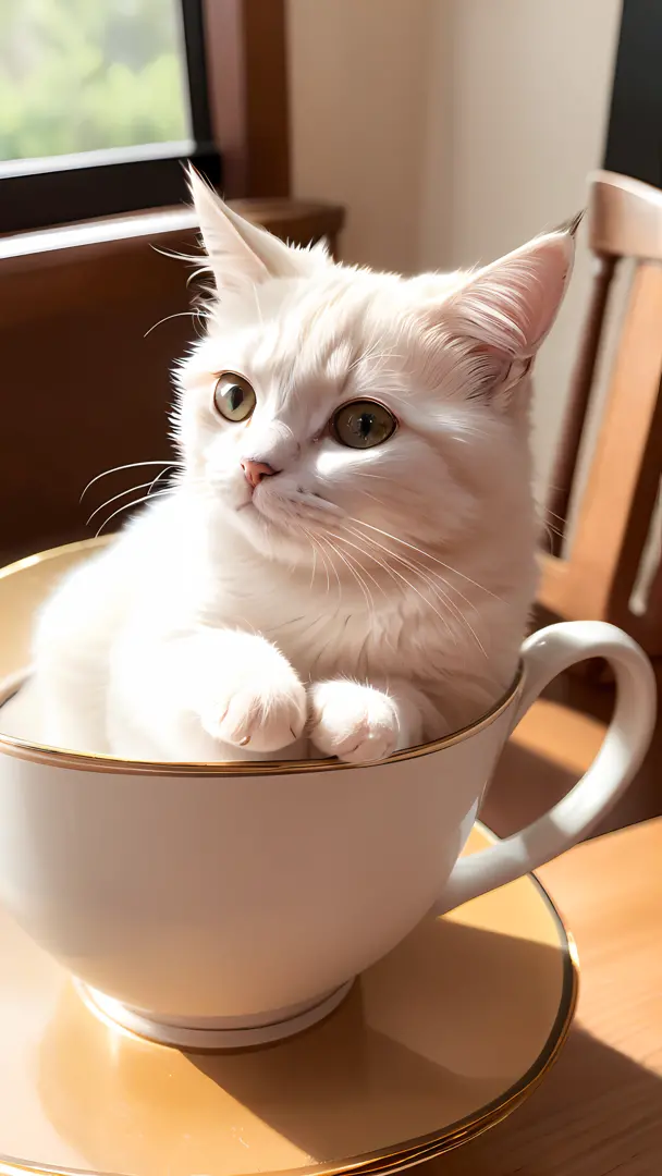 Cat, (Himalayan), (Small)))), in a teacup, Face, Front paws out, 8K, Professional photo, Delicate, Clear, On the table, Inside the house, Sunshine, Light Leak, Masterpiece, ((Pretty))), Fashionable Teacup, (Reality), Plush Toy, Round Pupils