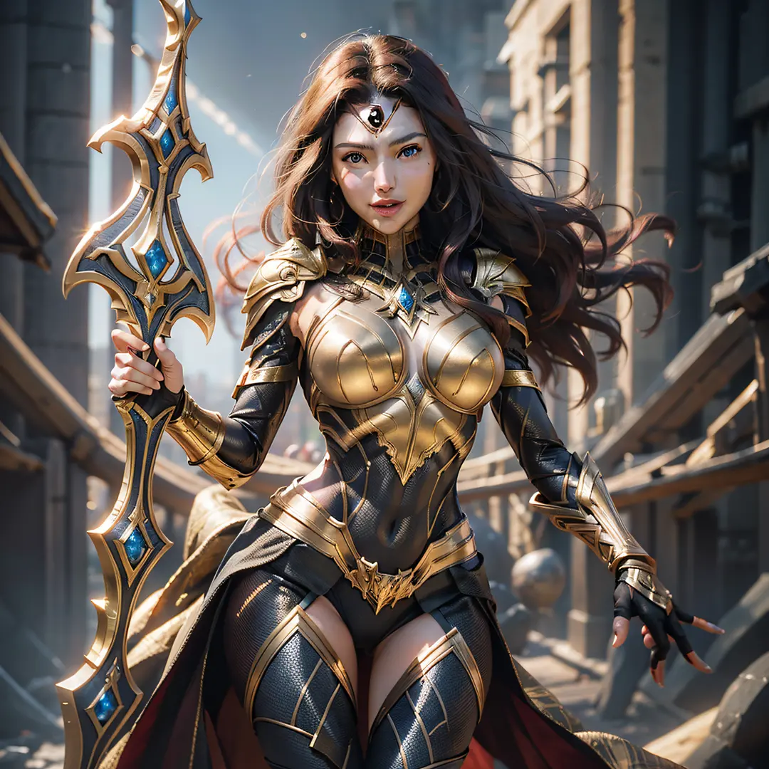 Spiderwoman armor in battle gear with gold details, with the face of Gal Gadot, makeup, large breasts, muscular, blue eyes, smile, looking at viewer, dark skin, darksiders, red hair.