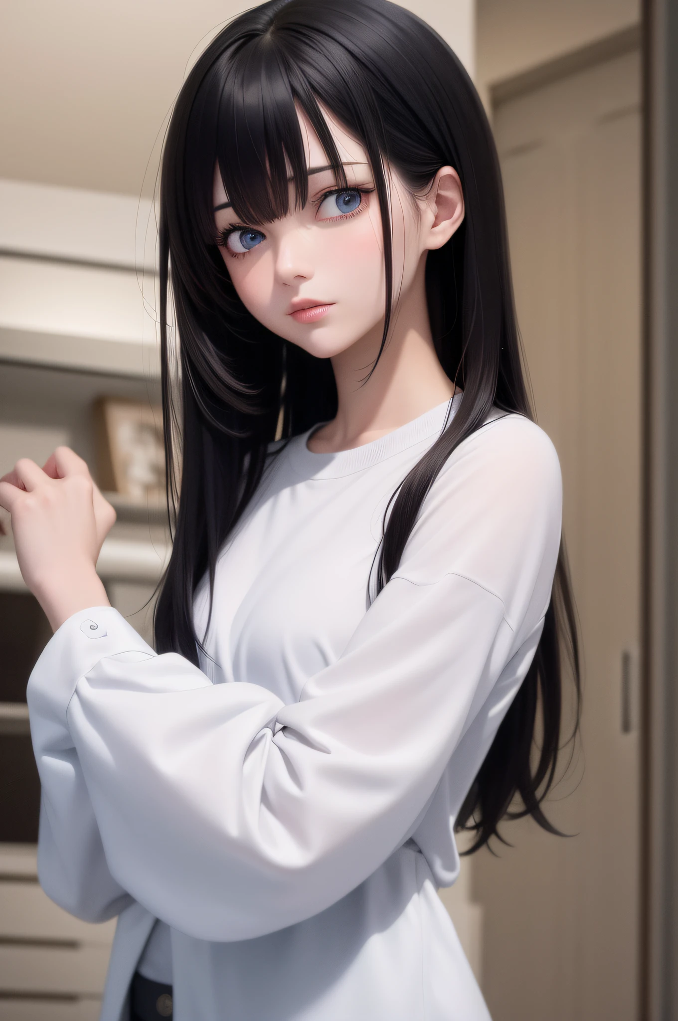 best quality, masterpiece, black hair, blue eyes, looking up, upper body