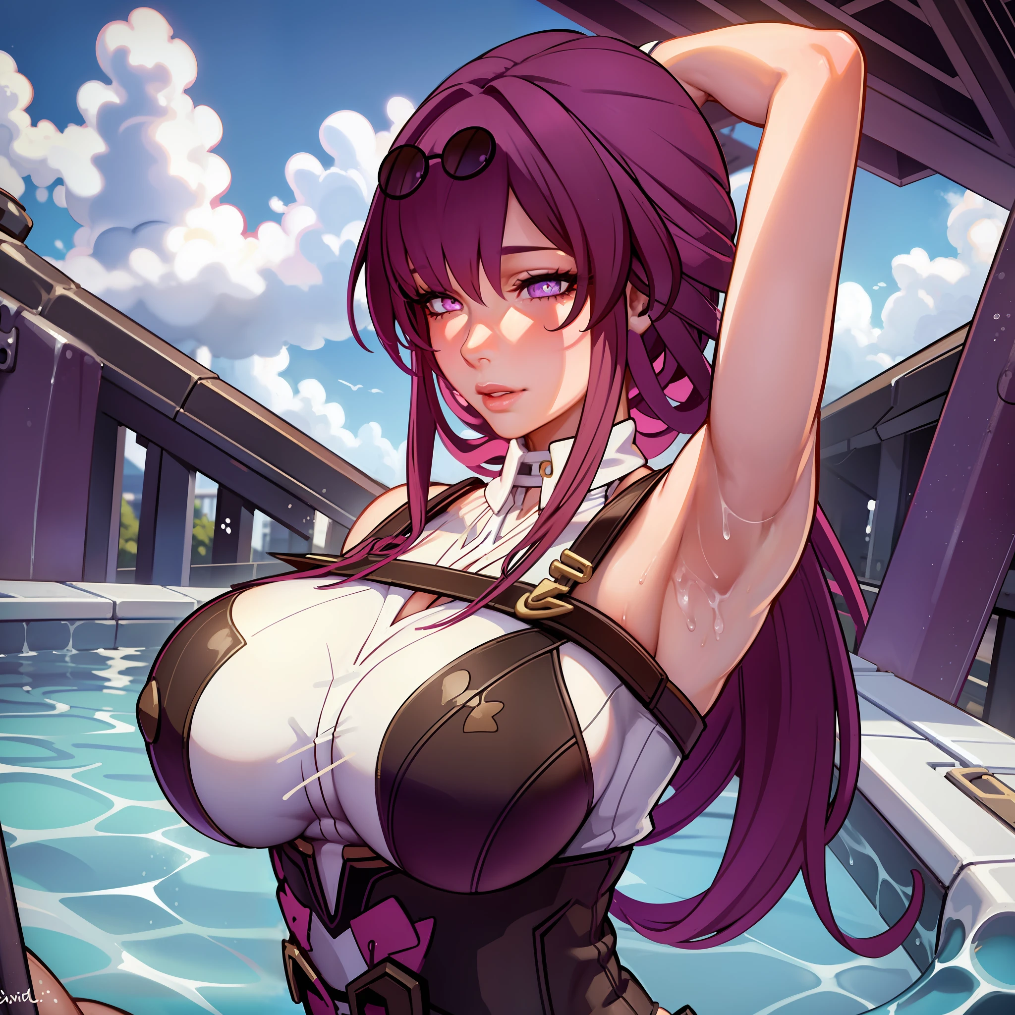 1girl,solo, beautiful, thicc thighs, huge breasts, wearing purple gradient bikini, in swimming pool,pure eyes, realistic pupils, highly details eye, perfect anatomy, good anatomy, good composition, armpits, sweating, Mom, milf, thicc thighs, lubricant skin groin area, oily skin, red armpits, sweat armpits