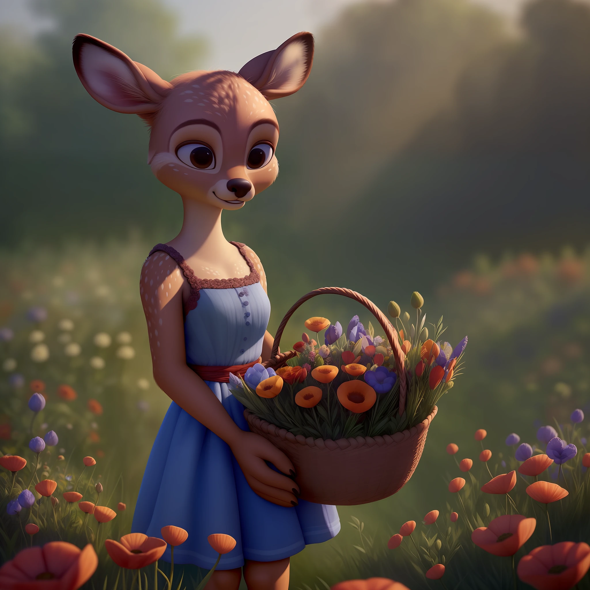 (pixarstyle:1.25) a waist-length portrait of a little deer with a basket of flowers, overgrown with poppy flower, natural skin texture, 4k textures, hdr, intricate, highly detailed, sharp focus, cinematic look, hyperdetailed