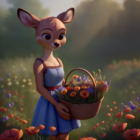 (pixarstyle:1.25) a waist-length portrait of a little deer with a basket of flowers, overgrown with poppy flower, natural skin t...