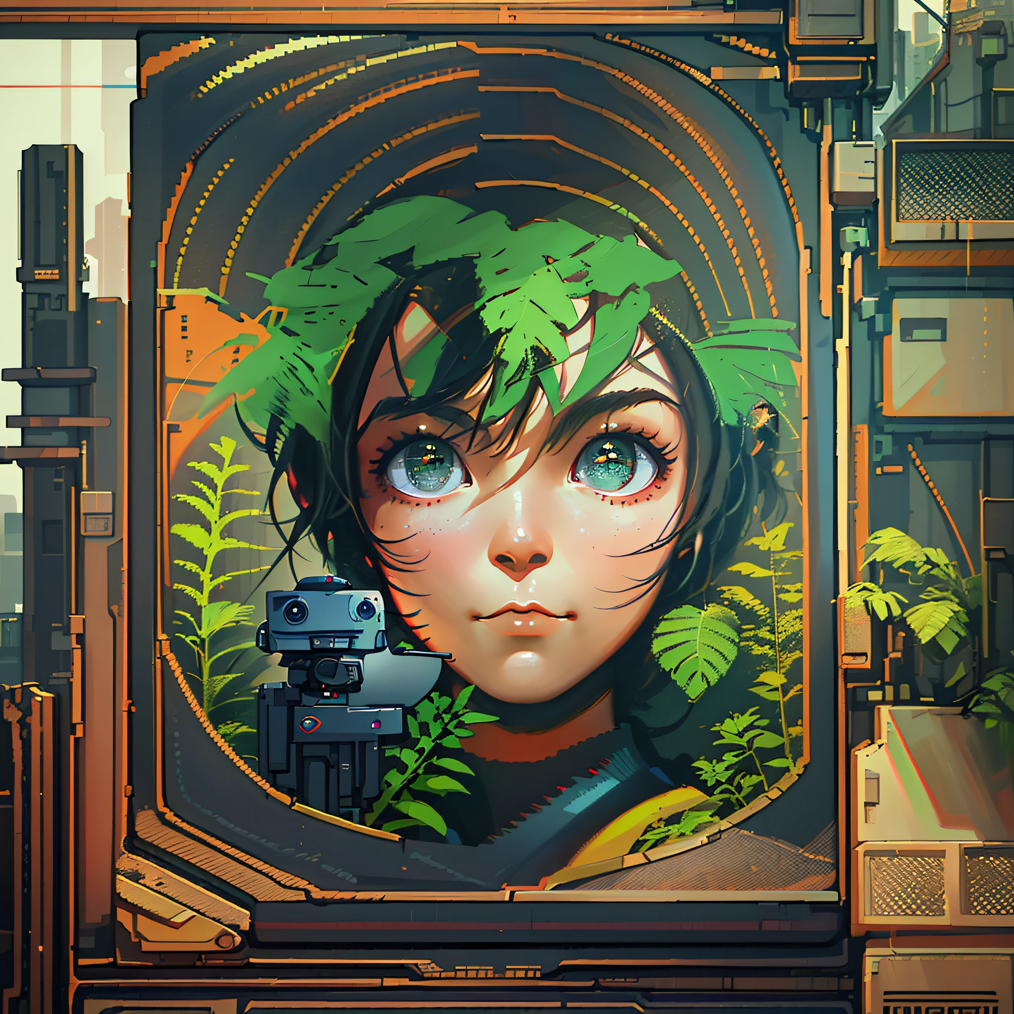 there is a picture of a woman with a camera in front of a picture, ultra detailed game art, lofi portrait, lush foliage cyberpunk, digital cyberpunk anime art, detailed digital anime art, anime styled digital art, #pixelart:3, 4k detailed digital art, portrait anime space cadet girl, detailed digital painting, cyberpunk in foliage, lofi art