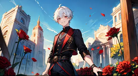 ((masterpiece)),(((best quality))), (high-quality, breathtaking),(expressive eyes, perfect face), a short young boy, short white hair, red eyes, smiling, black idol outfit, wear short shorts, shine, glow, red roses, sunshine, blue sky