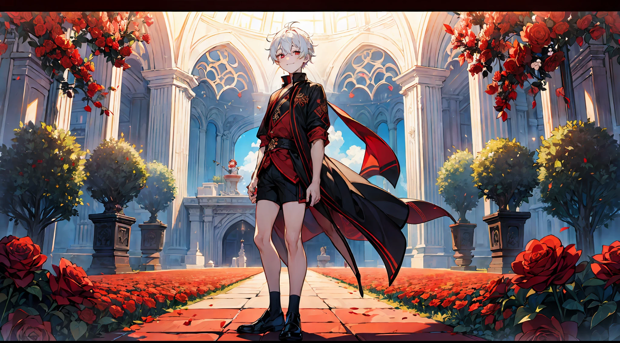 ((masterpiece)),(((best quality))), (high-quality, breathtaking),(expressive eyes, perfect face), a short young boy, short white hair, red eyes, smiling, black idol outfit, wear short shorts, shine, glow, red roses, sunshine, blue sky