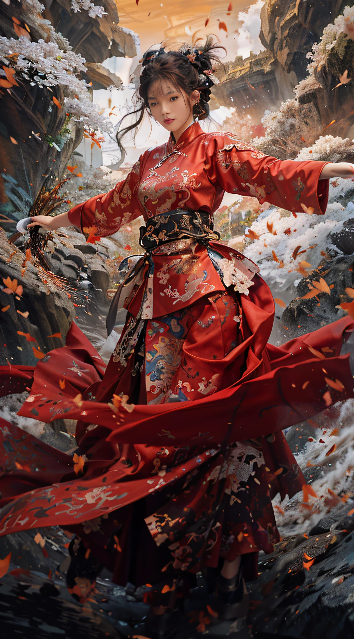 raw photo, best quality, masterpiece, ultra high res, (photorealistic:1.4), Anime a poster, 1hand holding a big long knife, two hands, wear kungfu master cloth, wave, chinese traditional ink style, Maiden Dragon Slayer, main color is red and white and black ink, dynamic movement, dynamic pose, movement, full body::1 Amazing Vector in oil painting environmental art cinematic, diorama, intricate detail, solo, dress, floating_hair