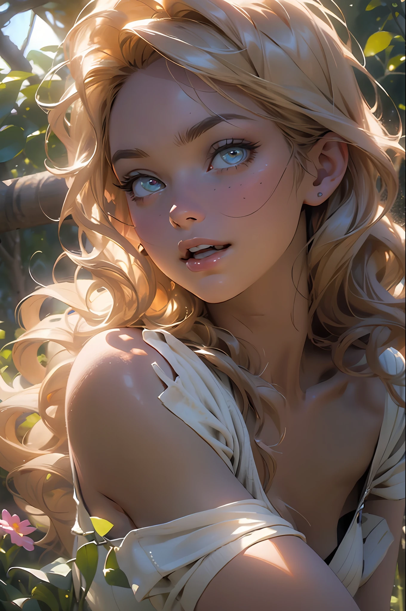 melancholy lighting, quiet, calm, brightness, masterpiece, best quality, 1girl, (JinxLol:1.2), (ultra photorealistic:1.3), (masterpiece:1.4), best quality, ((realistic)), high quality, ultra detailed, ((Real image)), ((realistic skin)), ((realistic face)),(illustration:1.05), (beautiful:1.05), (beautiful detailed eyes:1.05), (cinematic light:1.1), Full body, precise proportions, 18-year-old girl, skinny model lying on the grass, surrounding garden,  tree shadow, GINGER BLONDIE hair fluttering in the wind, tulle, long legs, slightly open feet, buttocks, blush, shyness, collarbone, abdominals, double weave, beautiful and delicate face, fair skin, real skin, (face detail), pores, super high resolution, 8k, parameters Best quality, masterpiece, super high resolution, (Realistic 2.0), More details, detailed skin, transparent RED panties, wide smile, white teeth,  GINGER BLONDIE hair voluminous, perfect and well designed eyes, girlfriend, beautiful, beautiful, flowers, studio lighting