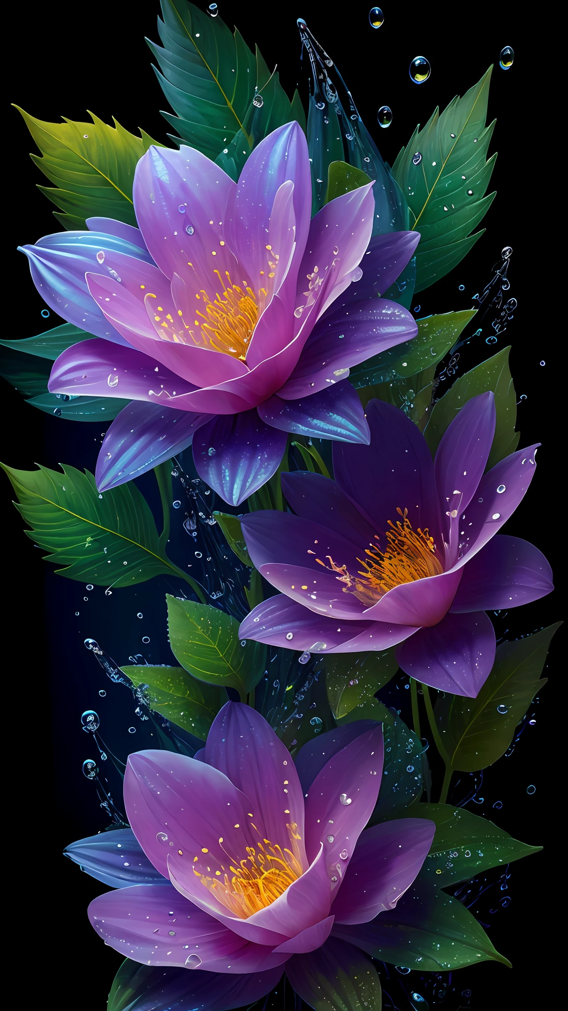 8k resolution, Gothic deviation art, complementary colors, soft cinematic light, soft light shining on flowers, HDR, flower panorama, flowers + leaves + peduncles, presenting ultra-detailed complex flowers and water drop theme art drawings with full sense of detail. Flower petals and water droplets glow to reveal a dreamy intricate style.