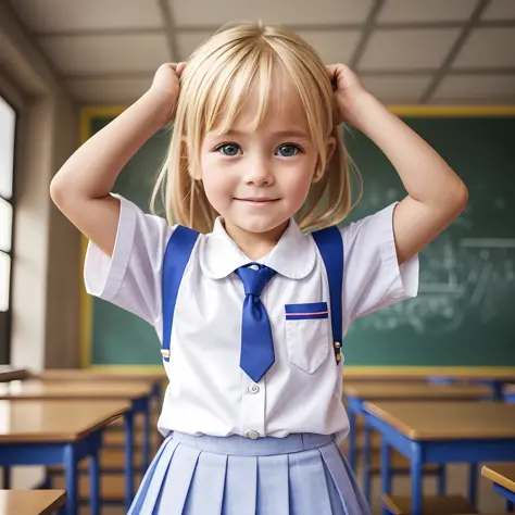 Blonde 5-year-old girl wearing a school uniform, she will be in an old classroom --auto --s2