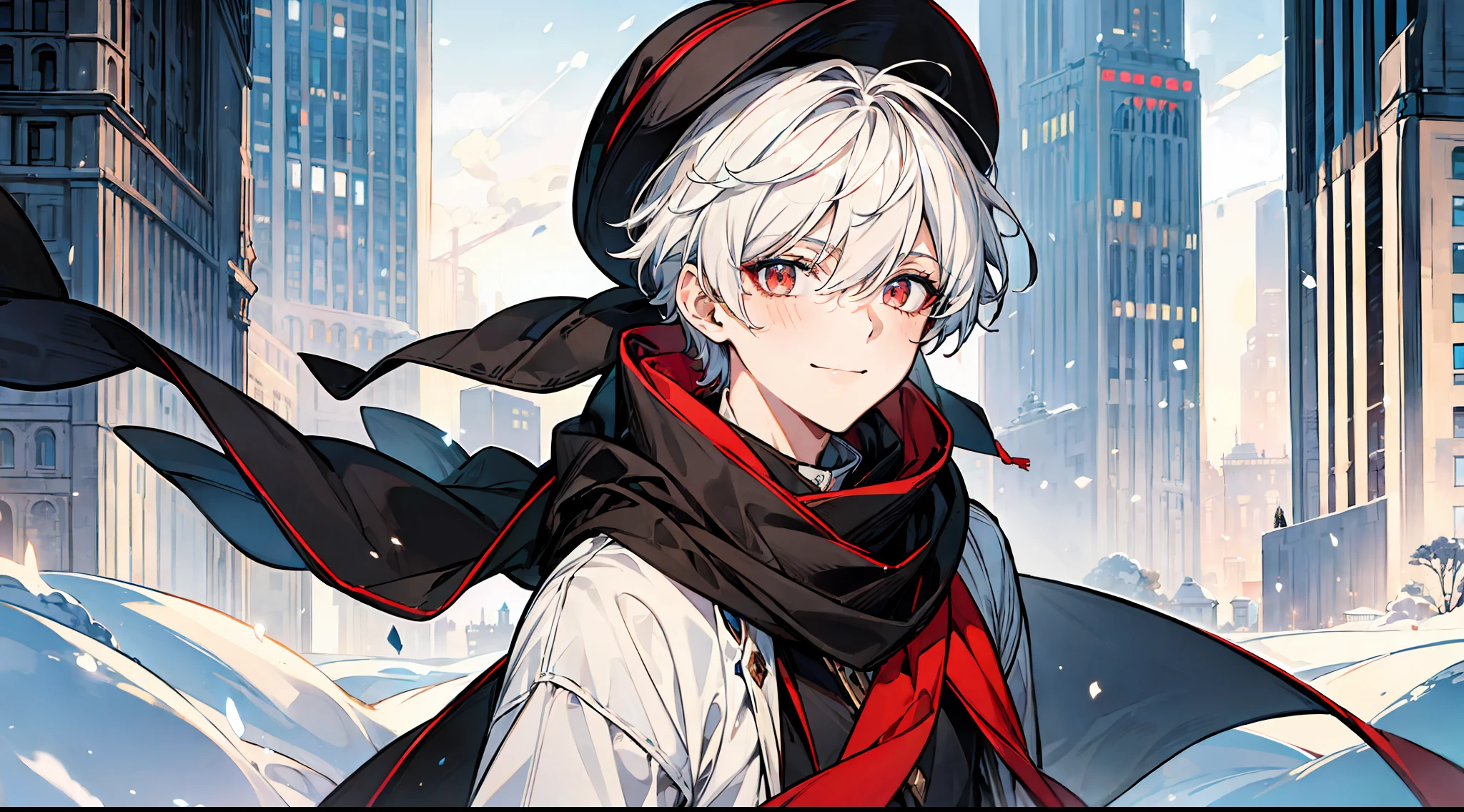 ((masterpiece)),(((best quality))), (high-quality, breathtaking),(expressive eyes, perfect face), a short young boy, short white hair, red eyes, smiling, black winter outfit, wear short shorts, hat, scarf, stocking, shine, glow, snow, city, close up, portrait
