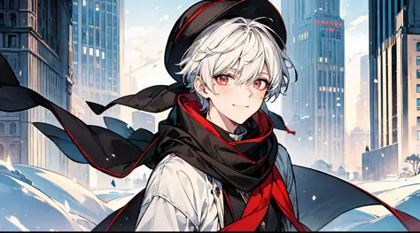 ((masterpiece)),(((best quality))), (high-quality, breathtaking),(expressive eyes, perfect face), a short young boy, short white hair, red eyes, smiling, black winter outfit, wear short shorts, hat, scarf, stocking, shine, glow, snow, city, close up, portr...