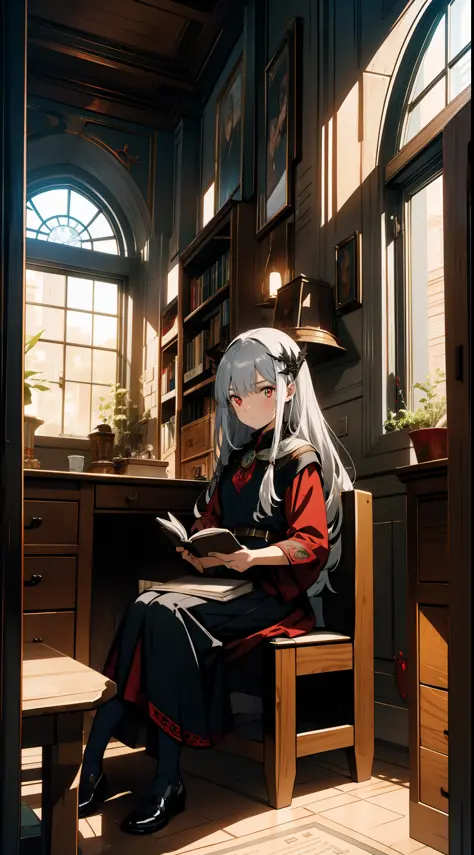 One girl, witch, silver hair, red eyes, fantasy style costume, library, reading a book, sitting in front of desk, concept art, o...